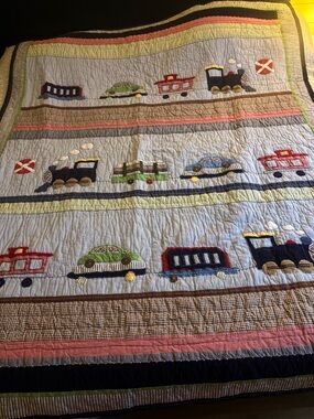 Pottery Barn Kids Multi-Color Train & Car Patchwork Quilt